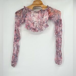 Rococo Sand Womens Top‎ Sexy Crop Blouse Long Sleeve Sheer Stretch Pink NeW Sz M